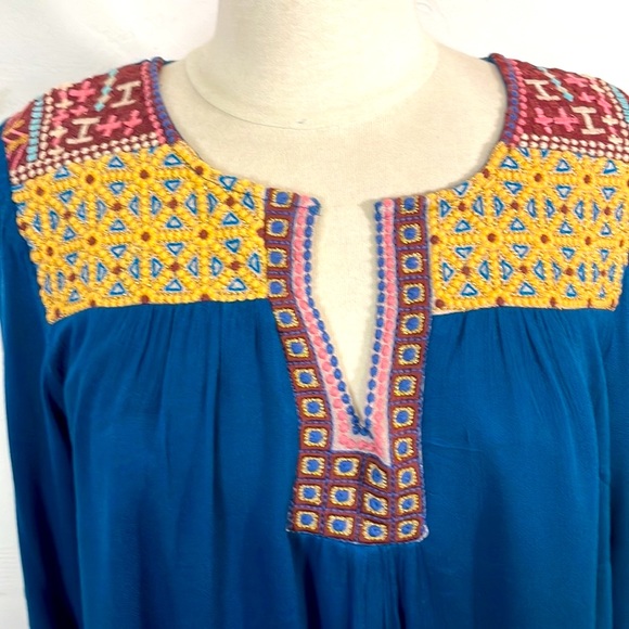 Sundance Boho Long Sleeve Tunic Dress Teal Embroidered with Pockets Wome… - Picture 2 of 8